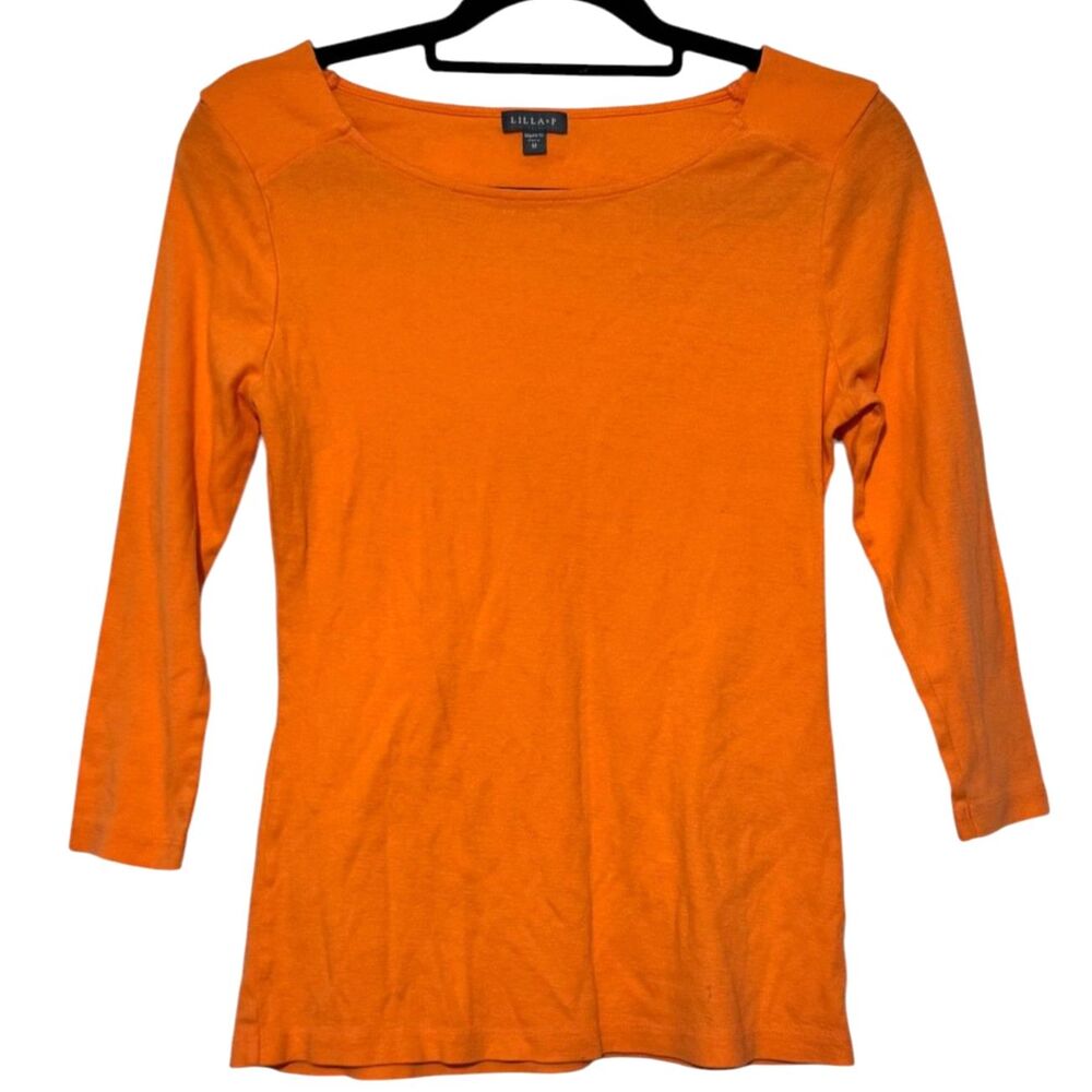 Lilla P Tangerine Orange Boatneck 3/4 Sleeve Tee 100% Cotton Fitted Size M EUC